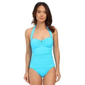 TOMMY BAHAMA PEARL SOLIDS V FRONT HALTER 1 PC SWIMSUIT POOL BLUE SZ 4 NEW! $130